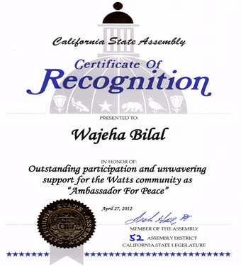 certificate of recognition from the california state assembly